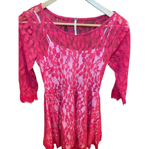 Free People FP Women 2 Floral Mesh Lace Mini Dress Red Lace Overlay 3/4 Sleeves - Picture 10 of 14